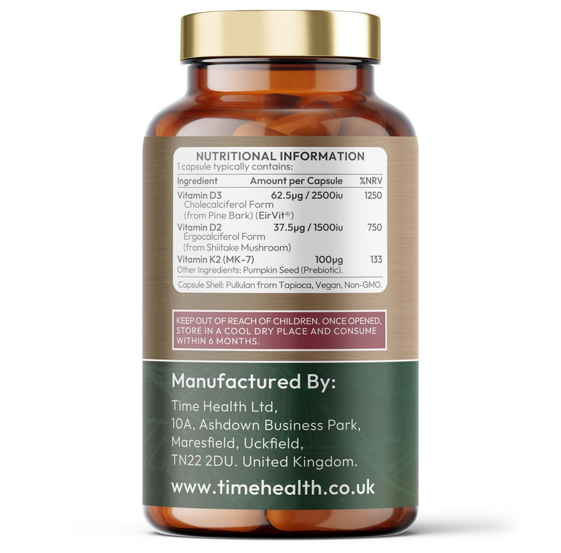 Vitamin D3, D2, K2, Natural Wholefood Plant Based - Zero Additives - Pullulan (60 Capsules) 60 count (Pack of 1)