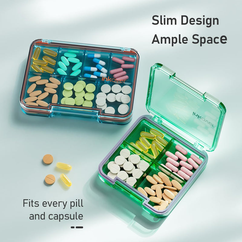 Small Pill Organizer, Travel Pill Case, 4 Compartments Black | Slim 0.65 in case for purse or pocket, with removable dividers, silicone seal and snap lock for daily tablets or capsules.