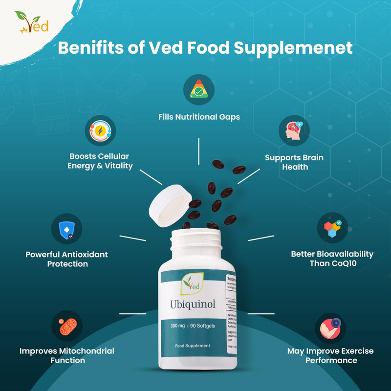 Ved Ubiquinol Softgel| Active Form coq10 | High Absorption | 300mg (180 Count,6 Months Supply) 180 Count ,6 months supply