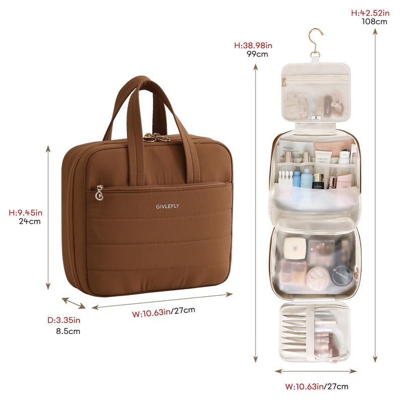 GIVLEFLY Luxury Hanging Makeup Bag for Women, Large 4-Layer Foldable Waterproof Cosmetic & Skincare Organizer with Handle, Fits Suitcase & Train Seat for Travel（brown） Brown