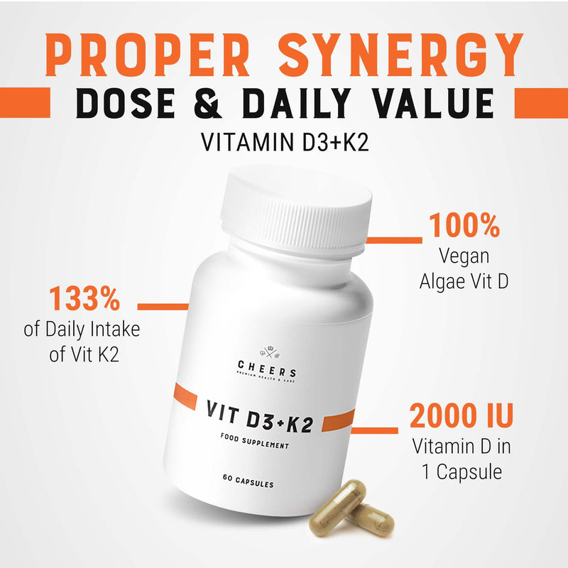 CHEERS – Vitamin D3 & Vitamin K2, 60 Vegan Capsules, Natural Algae Form of Vitamin D, Vitamin D3 and K2 Supplement for Men and Women