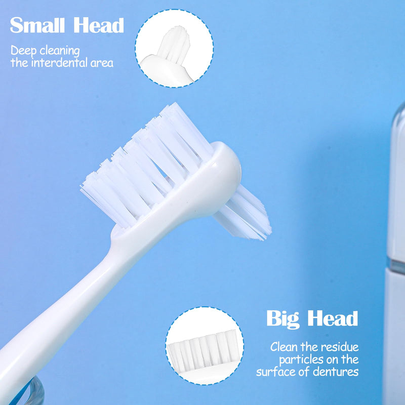 [Australia] - 2PCS Denture Brush Set - Dual-Head Denture Cleaning Brush with Ergonomic Rubber Handle Multi-Layered Soft Bristles (Blue & Red) 