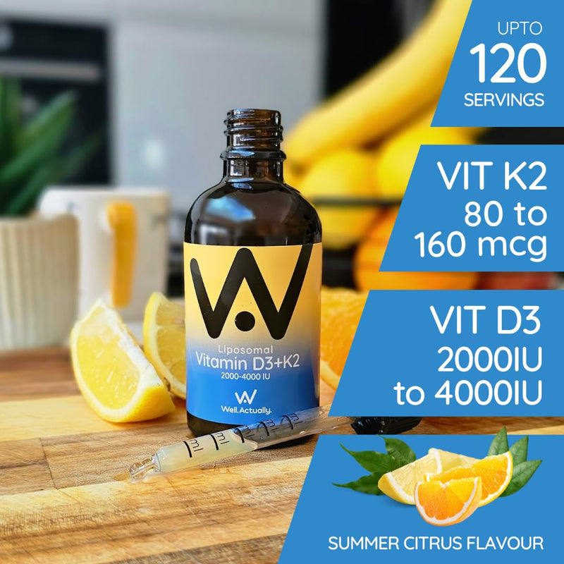 Liposomal Vitamin D3 4000 IU + K2 MK-7 160mcg Liquid Drops - High Strength Vegan VIT D3 K2 Supplement - Immune & Bone Support - 120 Servings | Summer Citrus