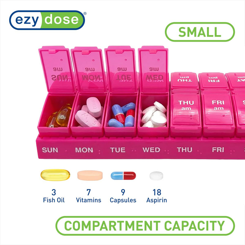 Ezy Dose Weekly (7-Day) AM/PM Pill Organizer, Small Medicine Planner, Pink | Daily Vitamin & Supplement Prescription Box, Compact Pop-Out Compartments, 2 Times a Day Holder, Travel-Friendly, BPA-Free