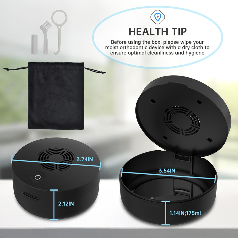 Voraiya UV Retainer Case with Fan, UVC Retainer Cleaner, Aligner Case Includes Vent Holes and Mirror, Portable Retainer Holder Box for Mouth Guard, Aligners, Night Guard, Black