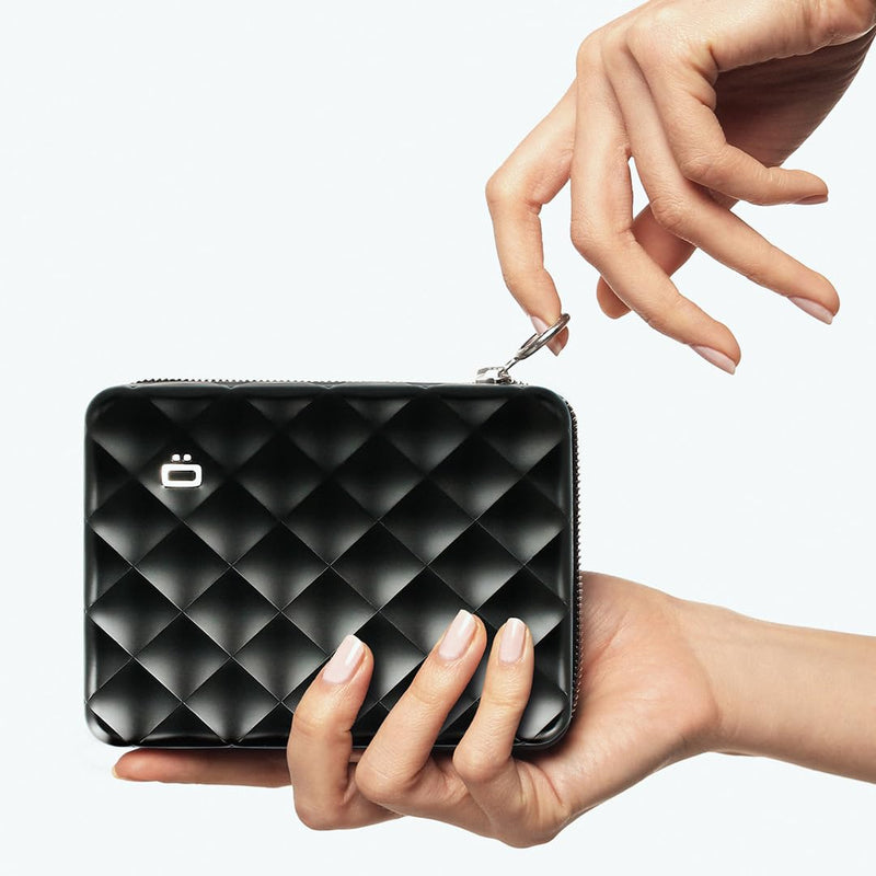 Aluminum Companion Wallet for women, RFID protection. Model: HELSINKI LARGE | Spacious travel wallet. Holds up to 15 cards, a passport, cash & coins. Zip closure keeps essentials secure. Black