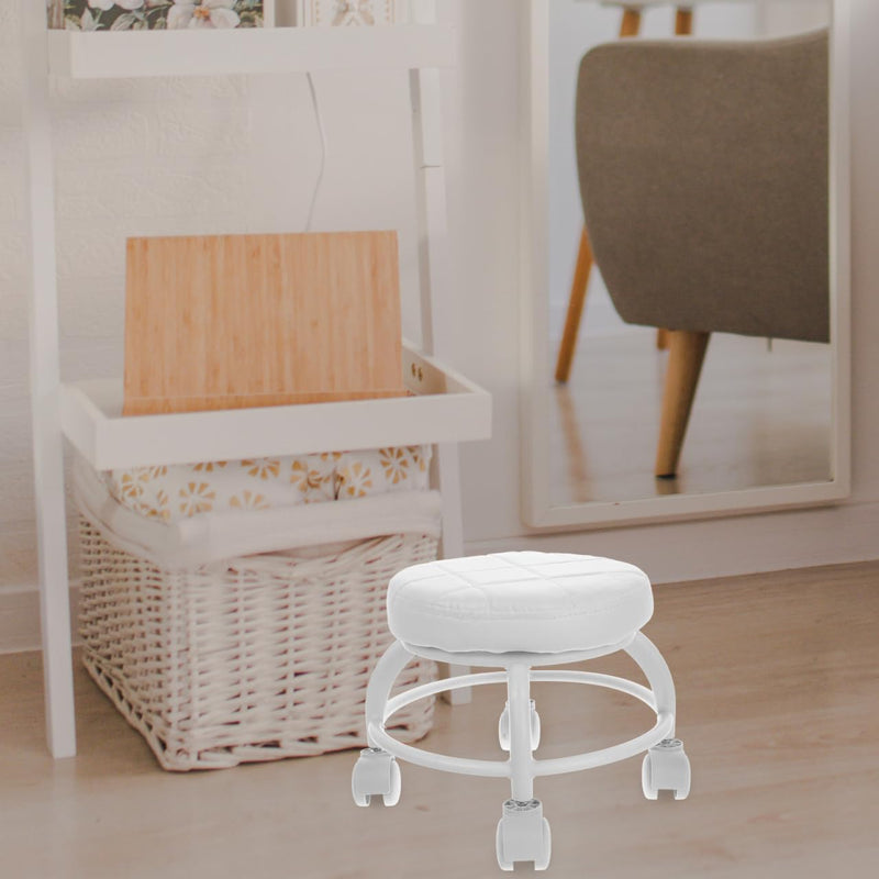[Australia] - Low Rolling Stool with Wheels PU Leather Low Stool Modern Round Roller Seat for Manicure, Mechanic,Home Office White 