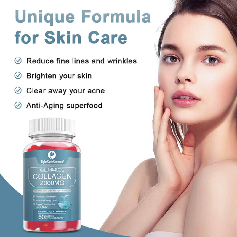 Advanced Collagen Gummies 2000mg - Promote Skin Elasticity, Hair Growth, and Joint Health - Delicious Berry Flavoured Gummy Vitamins for Youthful Radiance 60 count (Pack of 1)