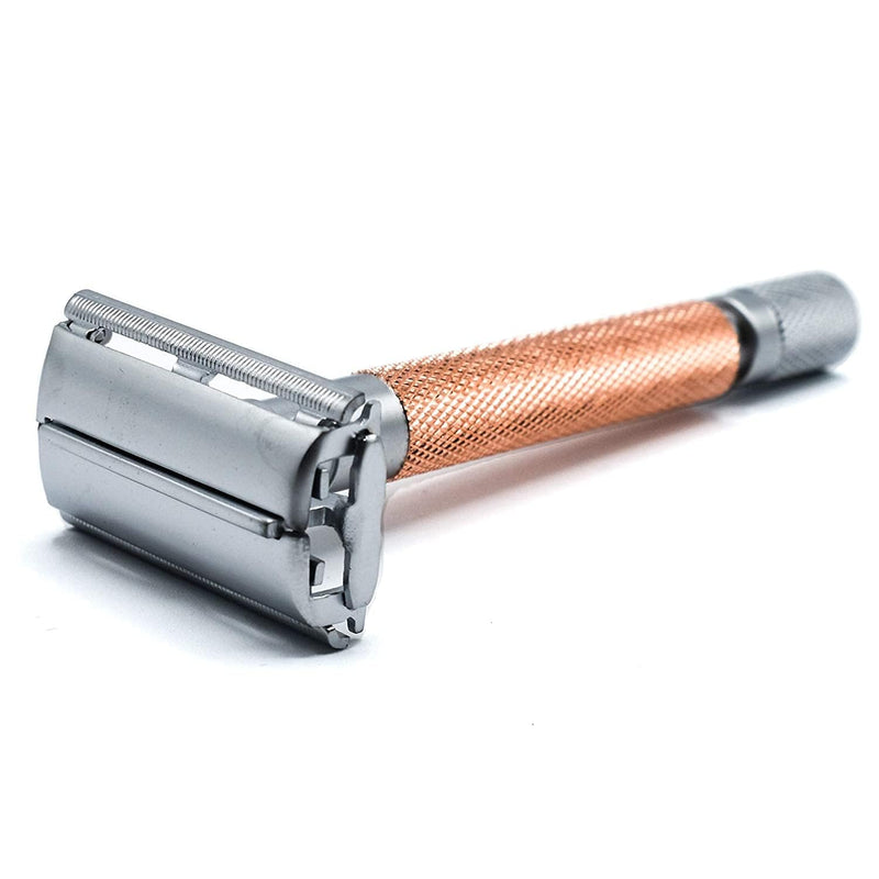 Parker 74R Rose Gold – Long Handle Butterfly Open Safety Razor for Men | Heavyweight Double Edge Razor Includes 5 Premium Platinum Blades