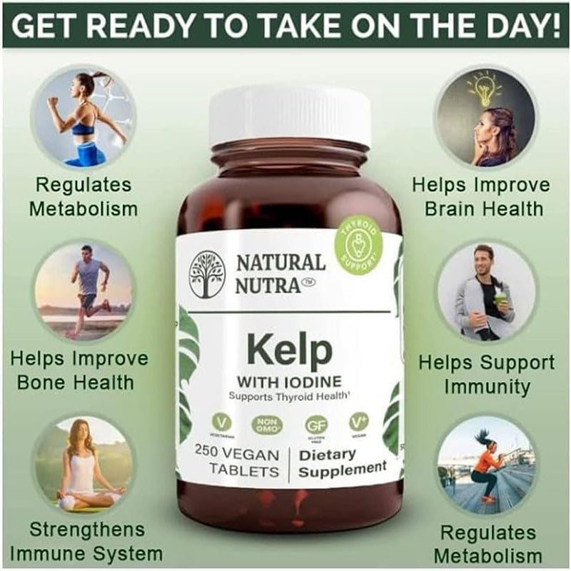 [Australia] - Natural Nutra Kelp Iodine Thyroid Support Supplement, Strengthens Immune System, and Regulates Metabolism, Vegan Sea Kelp, Non GMO, Atlantic Sourced Seaweed Extract, 225 mcg, 250 Tablets 250 Count (Pack of 1) 