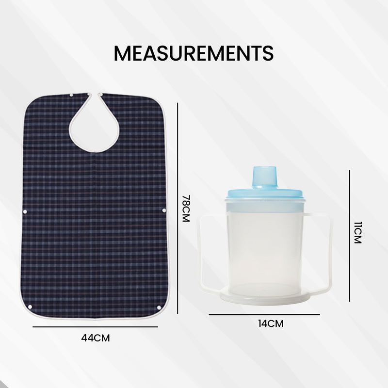 Set of Two Medisure Spill Proof Cups for Adults (300 ml) and Two Washable Adult Bibs for Elderly - Covered Drinking Cups for Adults, Waterproof Bibs for Elderly Eating, Senior Dining Aid