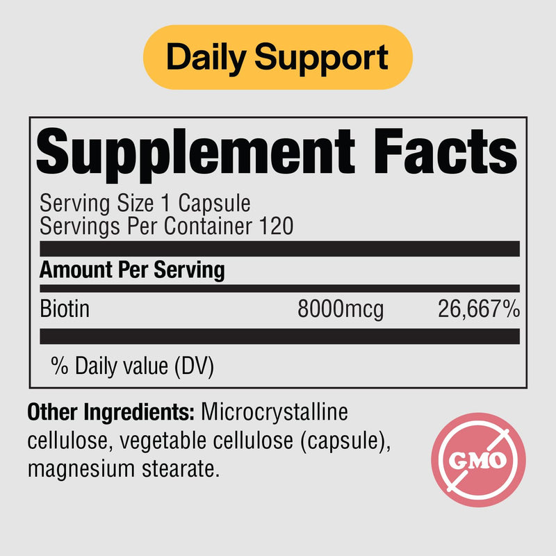 PureFormulas Biotin 8000 mcg Hair Skin Nails Biotin Supplement Biotina, Biotin Hair Growth Vitamins B7 Supplement for Women & Men 120 Capsules 120 Count (Pack of 1)