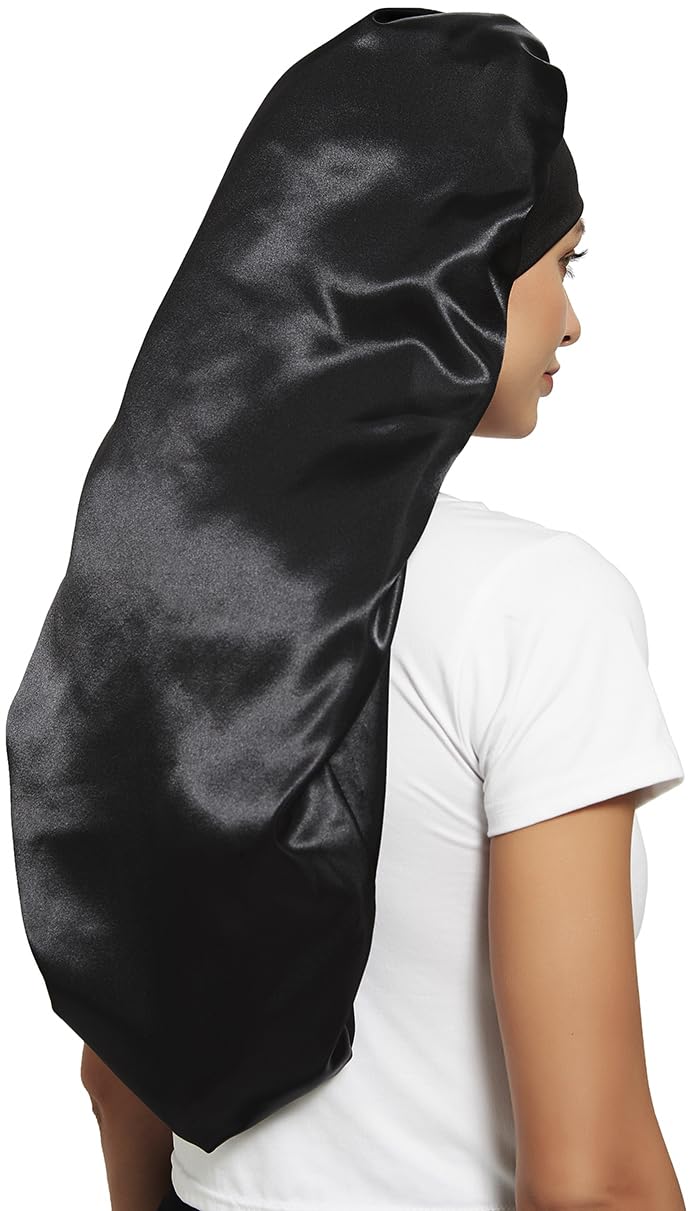 [Australia] - 2 Pcs Silk Bonnet for Women Satin, Soft Elastic Band Silky Sleeping Cap Big Bonnets for Braids One Size Black and Light Blue 