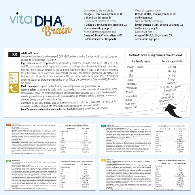 VitaDHA Brain Omega3 for Kids 3+ IFOS Certified (60 Jellies) - No Fishy Aftertaste, Sugar Free - with Vitamin D3 and B - Strawberry and Lemon Flavour