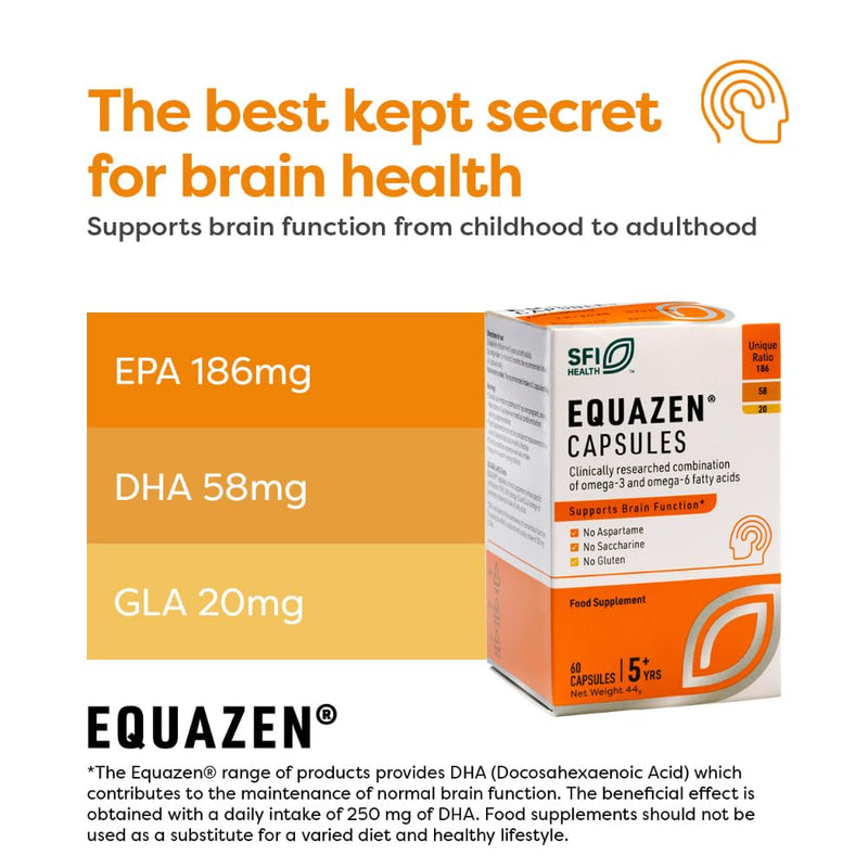 Equazen® Omega 3 & 6 Capsules, Brain & Cognitive Support, DHA, EPA & GLA, Clinically Researched 9:3:1 Formula, Tasteless & Odourless, Halal Certified, Gluten Free, 60 Pack 60 Capsules