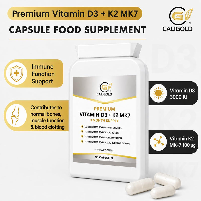 CaliGold Vitamin D3 3000iu & K2 100ug (MK7) – 90 Vitamin D3 K2 Vegetarian Capsules – Supports Normal Bones, Muscles, Teeth and Immune System – Cholecalciferol & Menaquinone-7