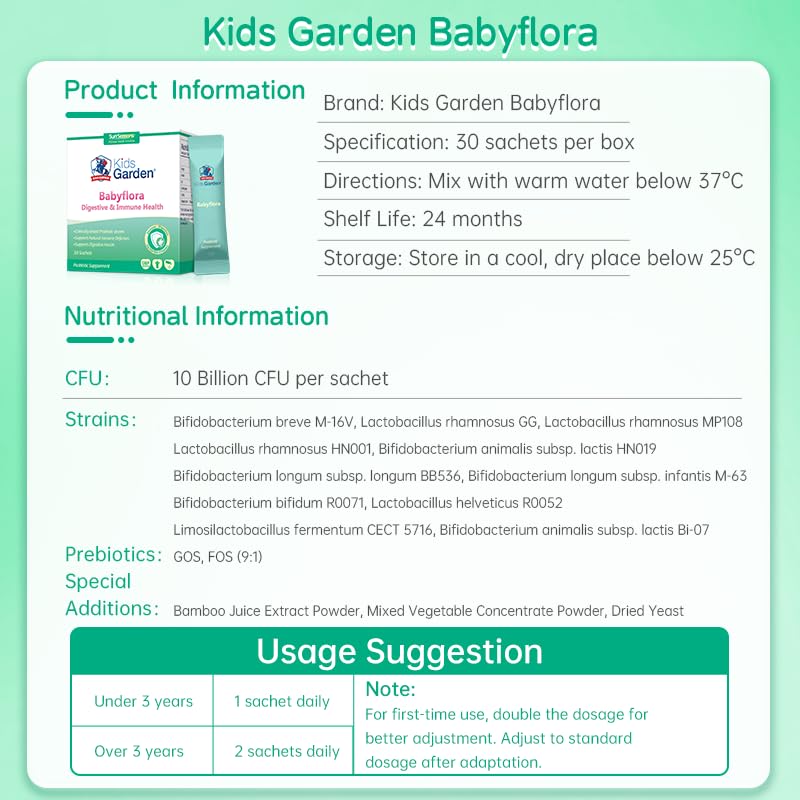 Kids Garden Babyflora Plus Probiotic Powder, Digestive & Immune Health Support for Children, 25 Sachets, Unflavored