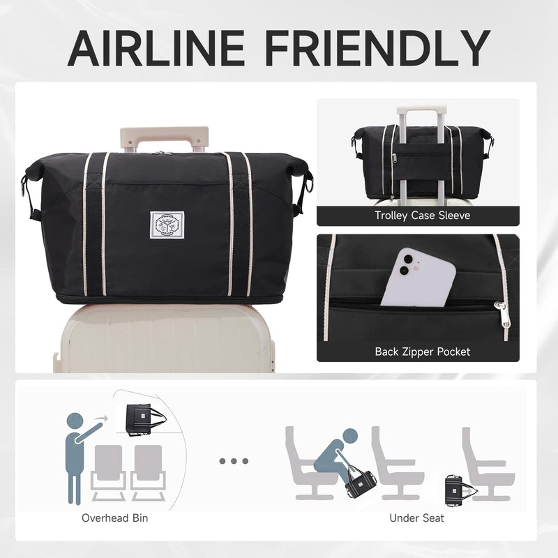 WALNEW Travel Duffel Bag, Weekender Overnight Carry On Bag for Women Men, Foldable Waterproof Gym Luggage with Metal Buckle Detachable Shoulder Strap and Wet Compartment (Black) | Overnight Carry On Bag, Foldable Waterproof Gym Luggage with Metal Buckl...
