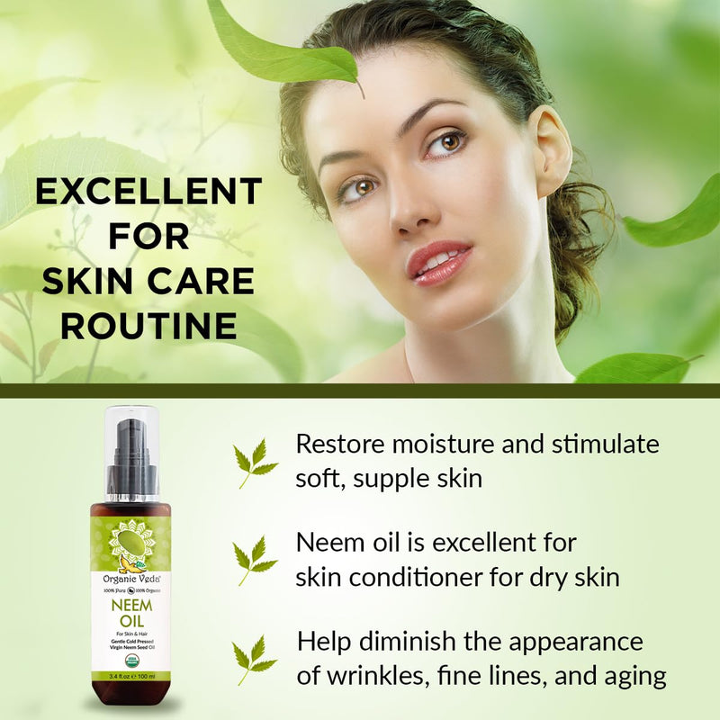 [Australia] - Organic Veda Neem Oil - Pure, Cold Pressed & Organic Neem Oil for Skin, Hair, Face, Body, Scalp - Natural Moisturizer, Virgin Neem seed oil - Rich in Vitamin E, Fatty Acids, Antioxidants - 3.4 fl oz 
