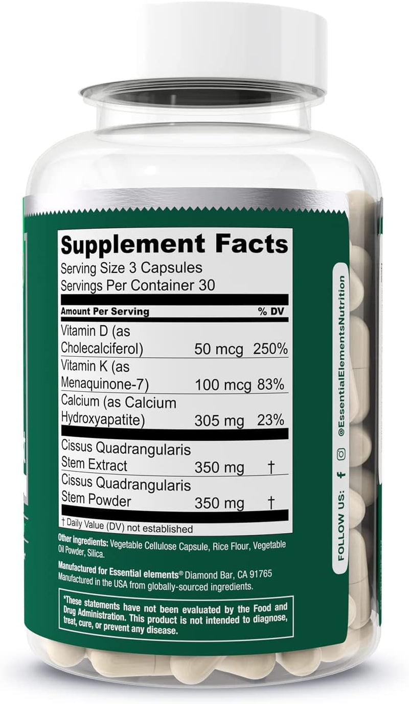Essential Elements Bone Boost Bone Health Supplement - Bone Support and Calcium Supplement with Vitamin D 3, K2, Cissus Quadrangularis for Bone Strength - 180 Capsules (60 Day Supply) (2-Pack) 90 Count (Pack of 2)
