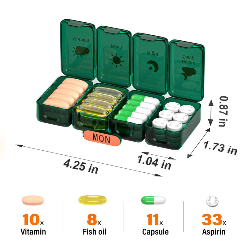 Weekly Pill Organizer 4 Times a Day, Large Compartments Pill Box 4X 7 Day, Medicine Organizer Pill Case for Pills/Vitamins/Fish Oils/Medication/Supplements (4x7 Dark Green) 4 Times x 7 Days