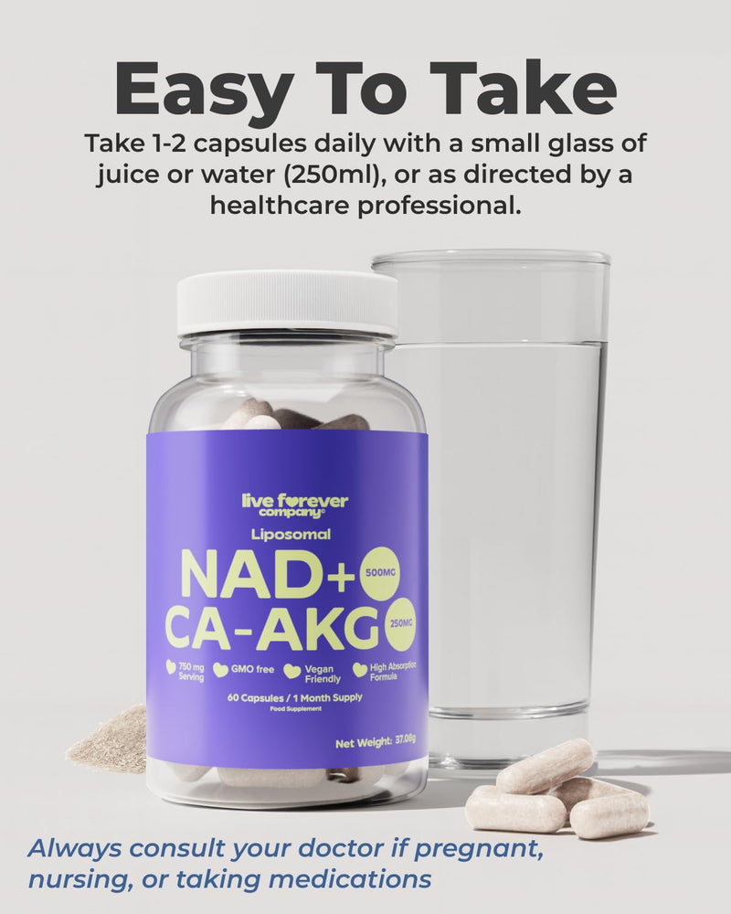 Liposomal NAD+ Supplement 500MG with 250MG Ca-AKG, Max Absorption, Support Cellular Energy & Healthy Aging, 60 Capsules