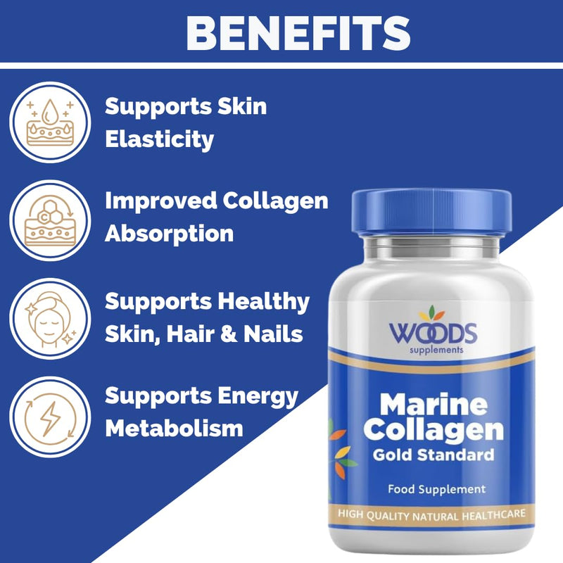 Woods Supplements - High Strength Collagen 150x Tablets. Marine Collagen with Hyaluronic Acid, Vitamin E, C, B6, Biotin & Zinc Food Supplement for Healthy Hair, Skin, Energy Production and Metabolism 150