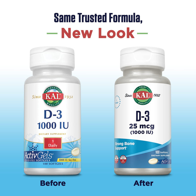 KAL Vitamin D3 1000 IU Softgels (25 mcg), Active Form of Vitamin D, Calcium Absorption, Bone Health, Immune Support Supplement, Liquid Filled ActivGel, Made Without Soy, 100 Servings, 100 Softgels 100 Count (Pack of 1)