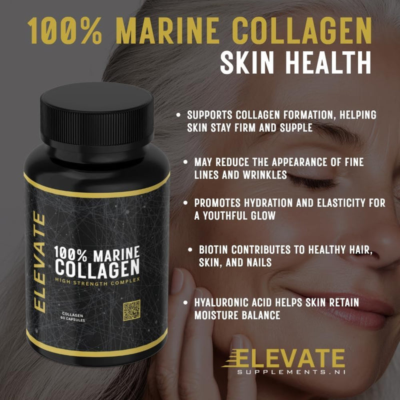Elevate Supplements 100% Marine Collagen (Type 1), 60 Capsules | Added Hyaluronic Acid, Vitamin C & Biotin for Skin, Hair, Nail, Joint & Nervous System Support | Multi-Benefit Beauty Supplement