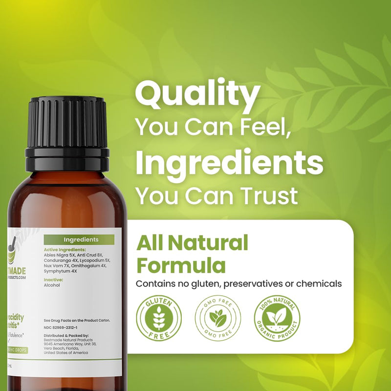 Bestmade Hyperacidity and Gastritis Relief BM12 - Comprehensive, Gentle Support for Digestive Health, Helping Indigestion, Ulcers, and Heartburn, Natural Homeopathic Formula, 30 mL Drops