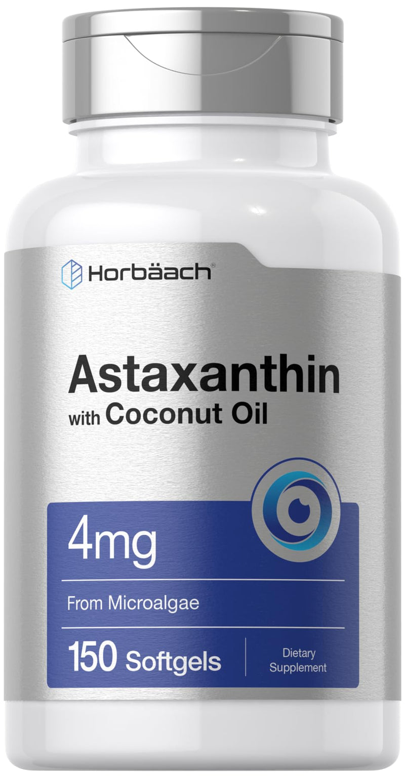 Horbäach Astaxanthin 4mg | 150 Softgels | with Coconut Oil | Supplement from Microalgae | Non-GMO, Gluten Free