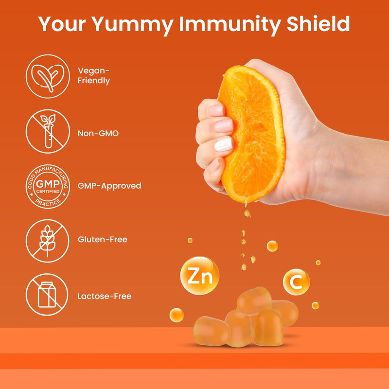 Vitamin C and Zinc Gummies, 120 Tasty Gummies, Natural Orange Flavour, 2 per Day, Gluten-GummiesFree, Non-GMO & Vegan-Friendly, Easy to Chew, Bioavailable Forms (L-Ascorbic Acid & Zinc Citrate)