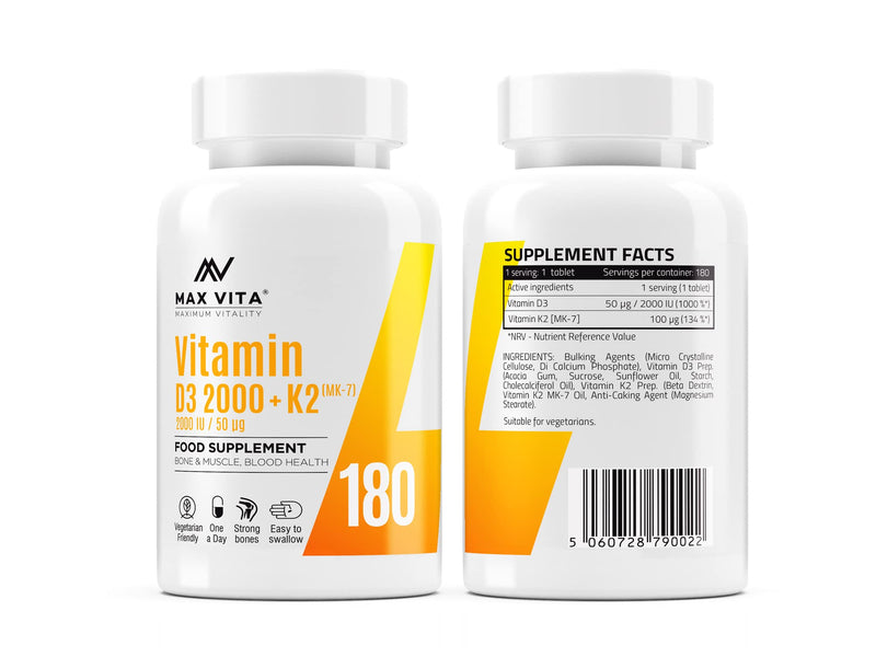 Vitamin D3 2000 IU K2 (MK-7) 100mcg - High Strength Vegetarian 180 Tablets - D3 K2 Cholecalciferol & Menaquinone from Natto - Bones Muscle Teeth Immune System Support - UK Made Non GMO