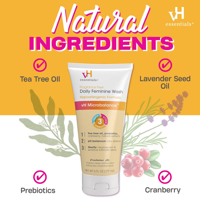 [Australia] - vH essentials Daily Feminine Wash - Fragrance Free, Hypoallergenic with Tea Tree Oil & Prebiotic - For Ph Balance, Intimate Odor Block, Vaginal Health - Gentle Formula Body Care - 6 Fl Oz 