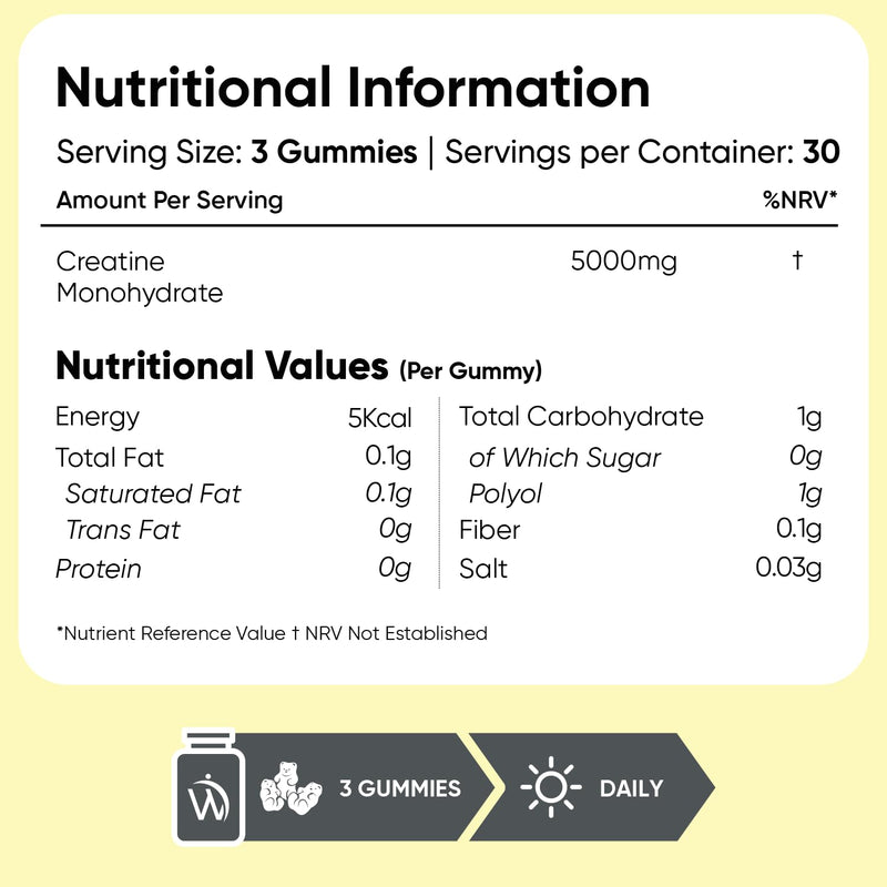 Creatine Gummies for Women & Men - 5000mg - Sugar-Free - 90 Gummies - Natural Lemon Flavour - Vegan-Friendly Creatine Monohydrate Supplement - 1 Month Supply - Non-GMO & Gluten-Free