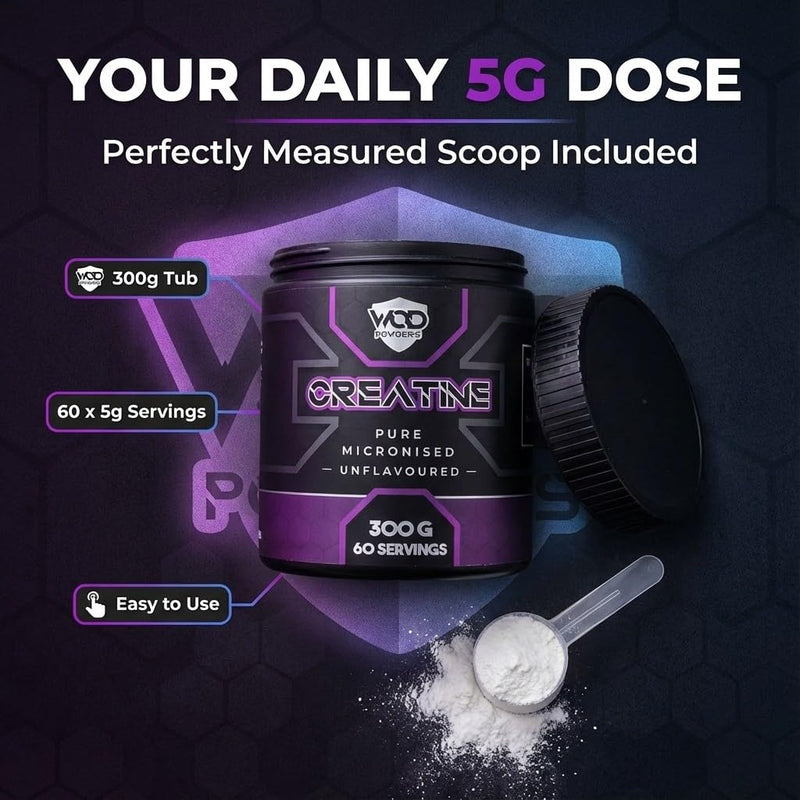 Creatine Monohydrate Powder 300g – Micronised Creatine | Proven to Improve Physical Performance and Recovery | Suitable for Vegans, Unflavoured, Scoop Included - Made in The UK by WOD Powders