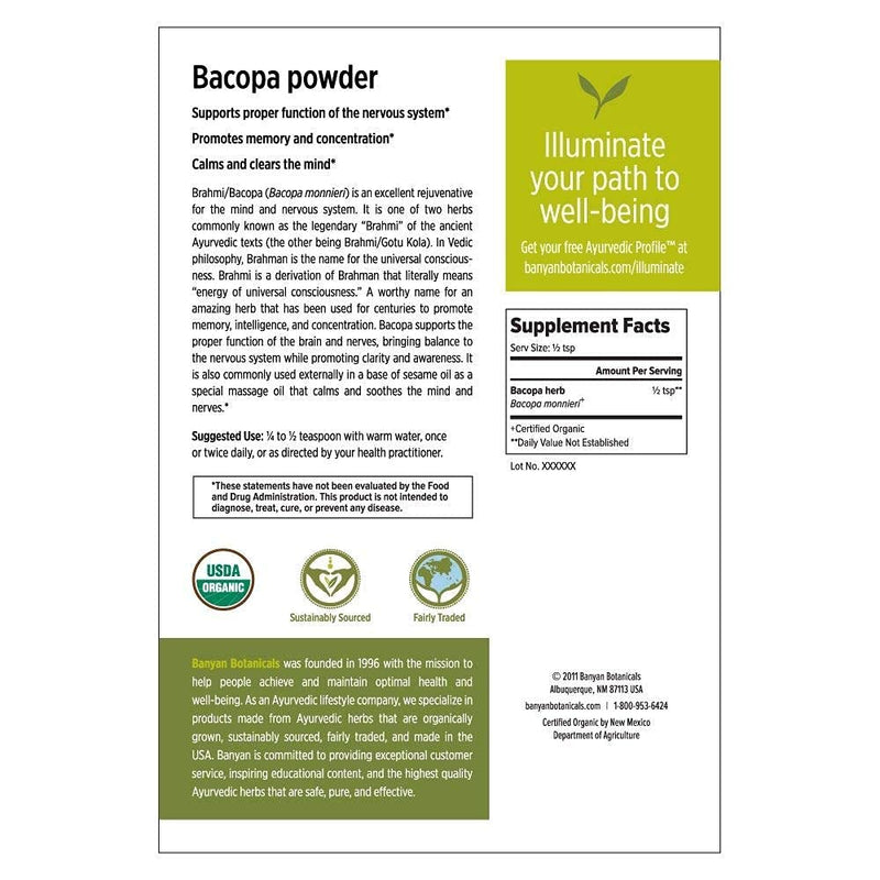 [Australia] - Banyan Botanicals Bacopa Powder, 1/2 Pound - USDA Organic - Bacopa monniera - Ayurvedic Herb for Memory & Focus 8 Ounce (Pack of 1) 