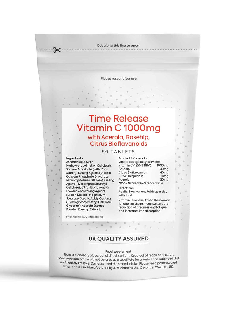 Vitamin C 1000mg | 90 Vegan Timed Release Tablets | High Strength Immune Support | Antioxidant Protection | Collagen Formation | Energy & Skin Health | Non-GMO | UK Made - Just Vitamins