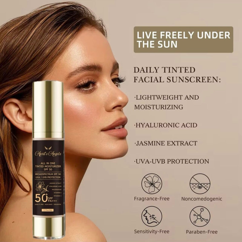 April's Angels All in One Universal Tinted Moisturizer, Broad Spectrum SPF 50 PA+++, with Hyaluronic Acid, Jasmine Extract, Vitamins C and E. 1.7 fl oz | SPF 50