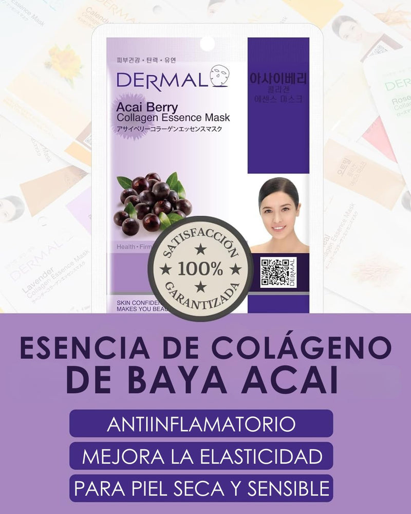 DERMAL Acai Berry Collagen Essence Facial Mask Sheet 23g Pack of 10 - Moisturizing & Firming Keeps Skin Healthy and Clean, Daily Skin Treatment Solution Sheet Mask