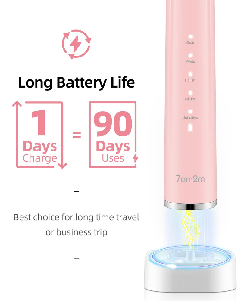 [Australia] - 7AM2M Sonic Electric Toothbrush with 6 Brush Heads for Adults and Kids, One Charge for 90 Days, Wireless Fast Charge, 5 Modes with 2 Minutes Built in Smart Timer, Electric Toothbrushes(Pink) Pink 1 Count (Pack of 1) 
