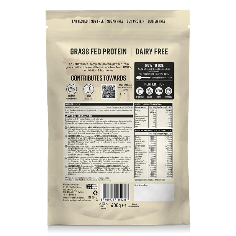 Hunter & Gather Grass Fed Beef Protein Powder 400g | 20g Protein per Serving | No Artificial Sweeteners or Fillers | Lean Muscle Growth | Dairy Free | Naturally Easy to Digest Unflavoured
