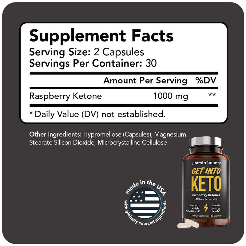 Vitamin Bounty Premium Raspberry Ketones Supplement - Keto Pills for Weight Loss - Promotes Ketosis & Metabolism Support - Keto Diet Aid - Energy Boost for Women & Men - 60 Capsules