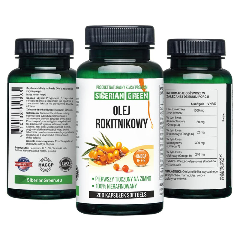 Siberian Sea Buckthorn Oil Capsules 200 Softgels | from Wild-harvested Siberian Sea Buckthorn Berries | Oil Cold Pressed Unrefined Gluten Free Non-GMO Premium Omega 7