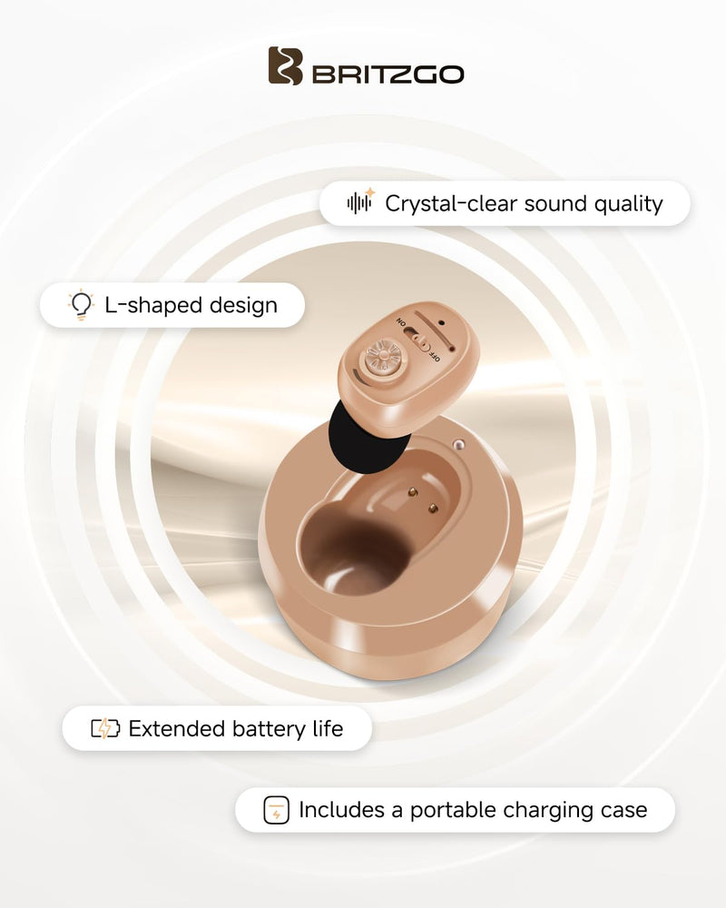Britzgo 1607 In-Ear Rechargeable Sound Support, 35H Long-Lasting Battery, USB Fast Charge, Smart Noise Reduction, Ergonomic L-Shaped Design, Portable Charging Case (beige) 1607-Beige