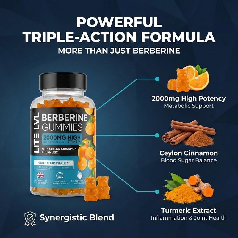LITE LVL 60 x Berberine Gummies 2000mg with Ceylon Cinnamon & Turmeric – Berberine Supplement for Men and Women.