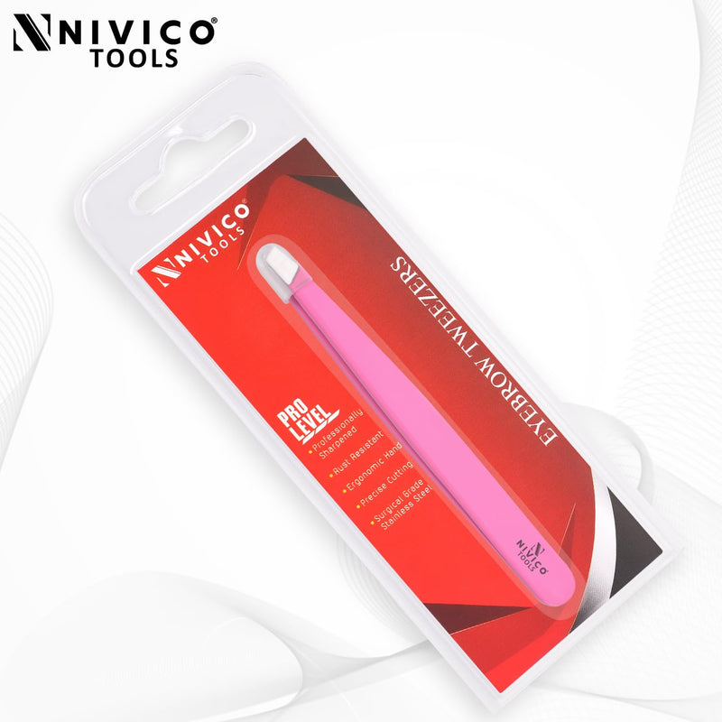 NIVICO Eyebrow Tweezer Hair Removal, Slant Stainless Steel 9.5cm Ingrown Facial Hair Tweezers for Men And Women (Pink Coated)