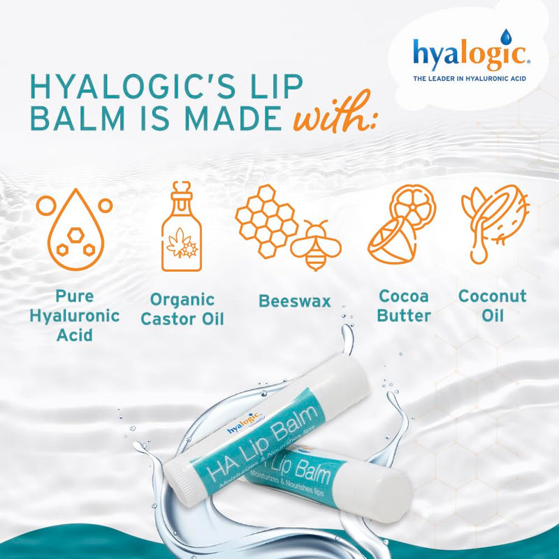 Hyalogic HA Lip Balm - Hyaluronic Acid & Organic, Natural Coconut Oil - Soothes Dry, Chapped Lips - Plumping, Moisturizing & Nourishing - Unflavored - Fragrance & Dye Free - 4.25g - 1 Stick 0.15 Ounce (Pack of 1)