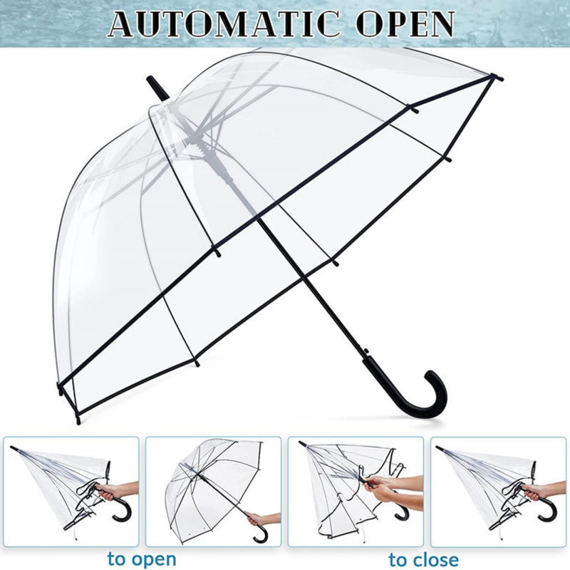 Clear Windproof Bubble Stick Umbrella, Auto Open Rainproof Transparent Umbrella for Adult Boys and Girls, Lightweight Wind and Rain Protection, Dome Canopy (black edge, 2pcs)