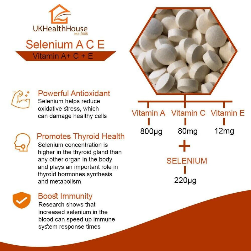 UKHealthHouse Premium - Selenium 220mcg ACE Tablet Vitamin A+C+E Immune Health Skin Hair Nails (180) 180 count (Pack of 1)